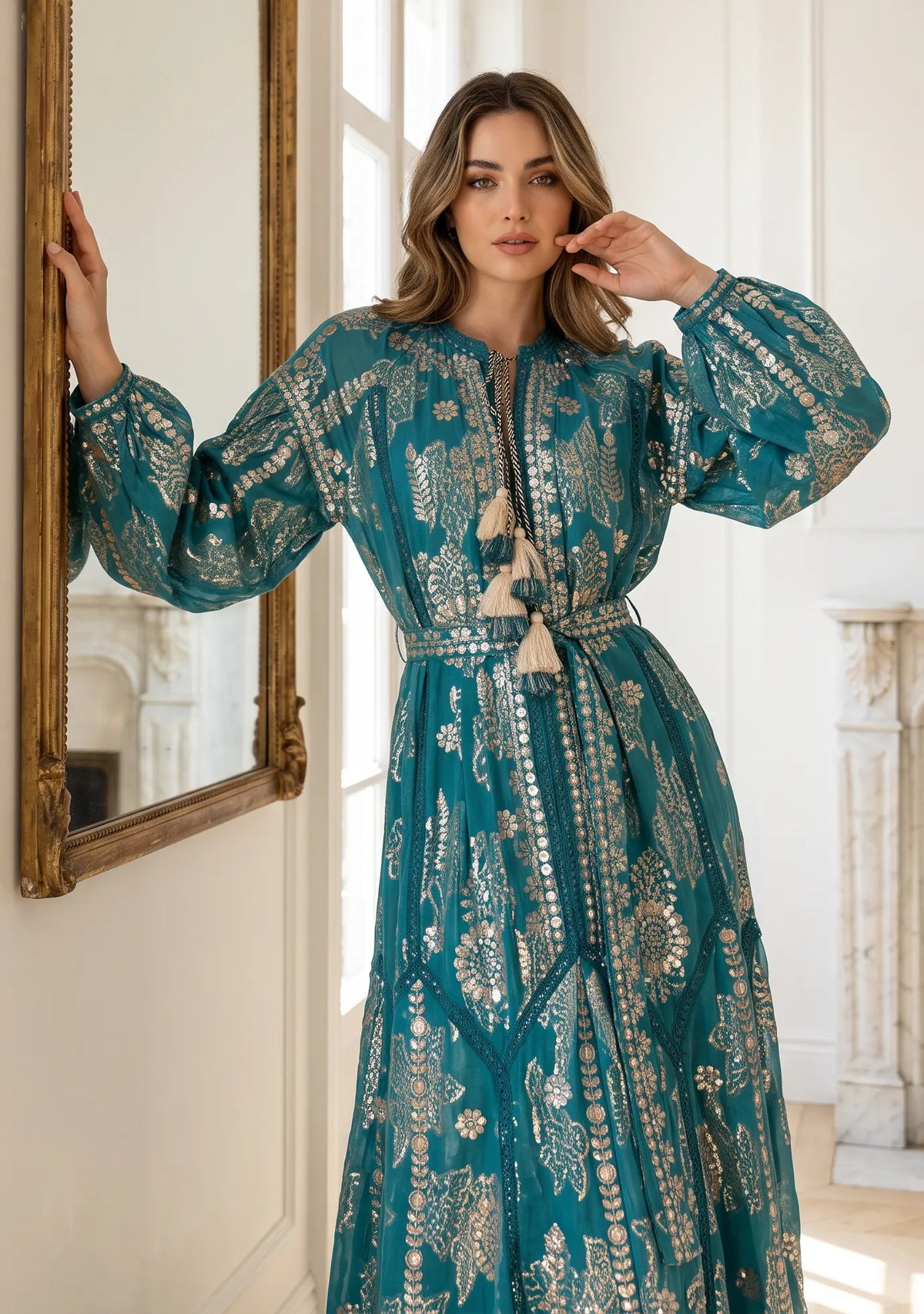 Women’s Printed Cotton Lurex Embroidered Long Dress - Mavi