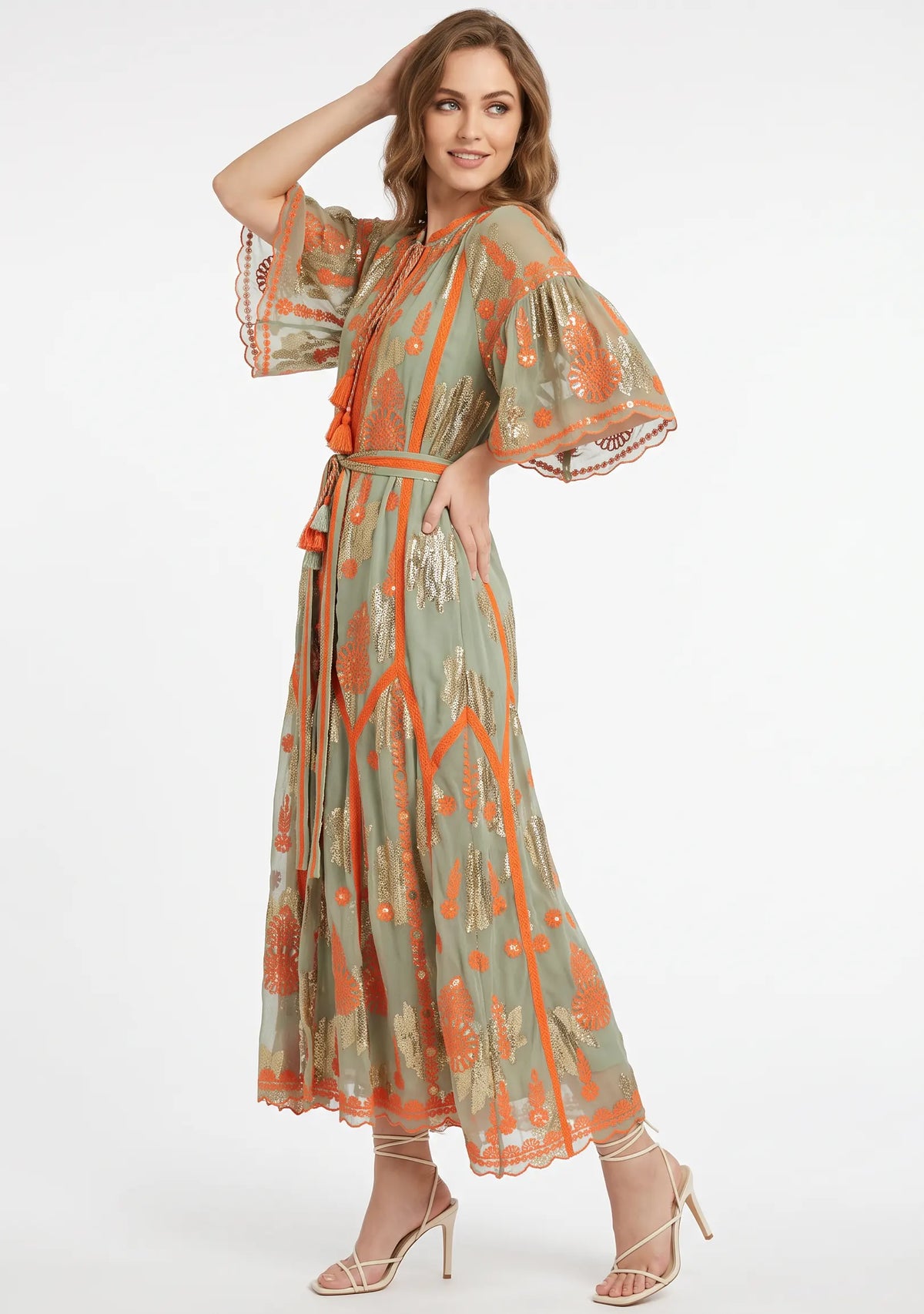 Faiza Long Dress – Embroidered Maxi Dress with Tie Belt | ibBan