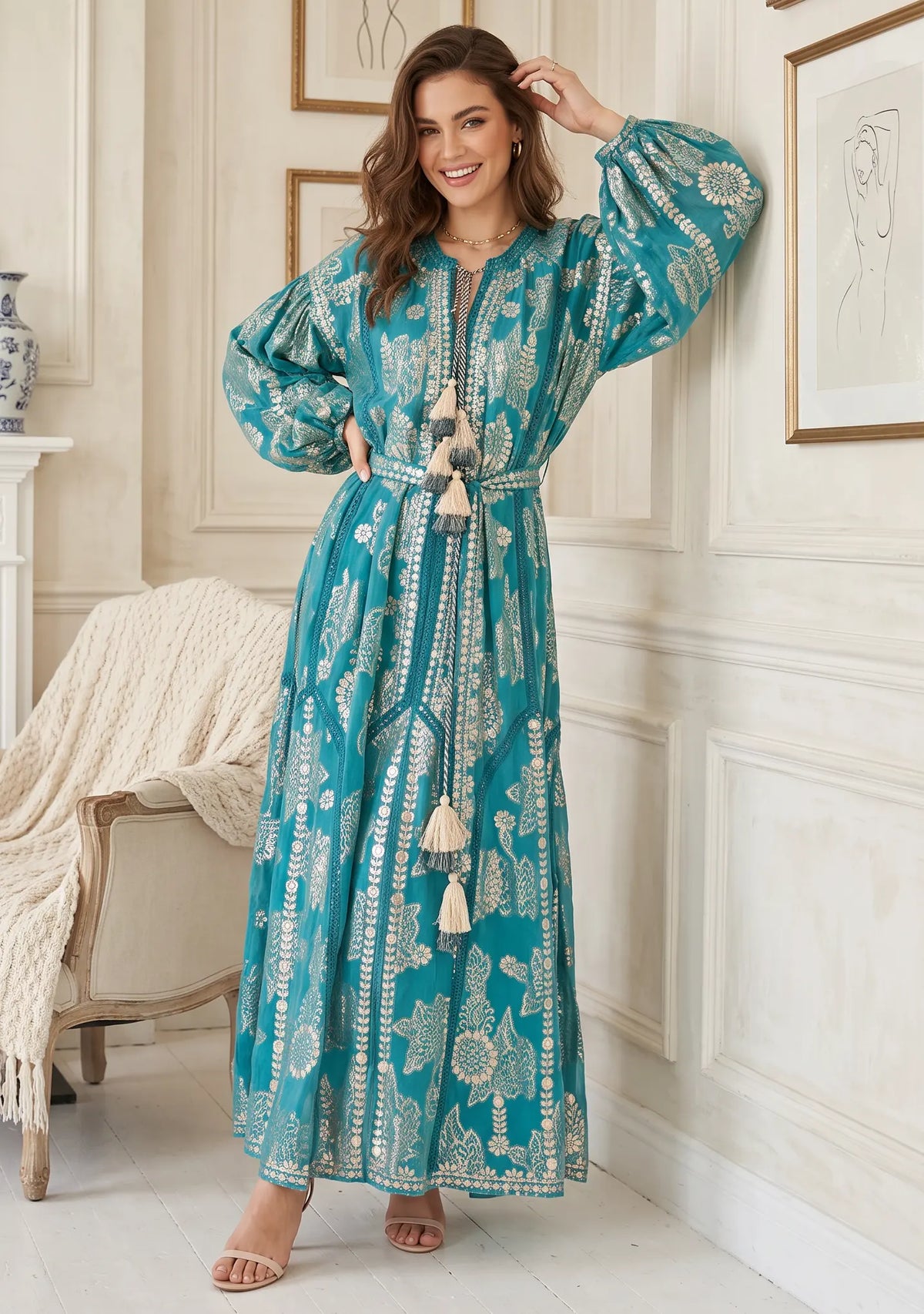 Women’s Printed Cotton Lurex Embroidered Long Dress - Mavi