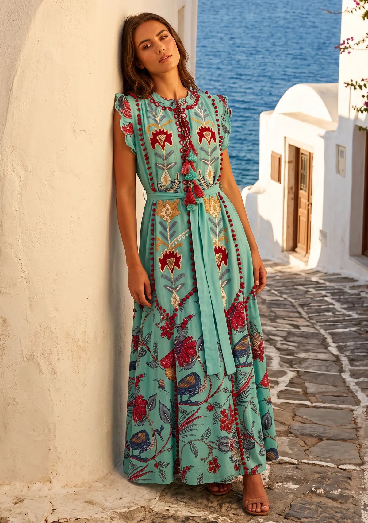 Women’s Printed Cotton Dress with Hand Embroidery - Rasha