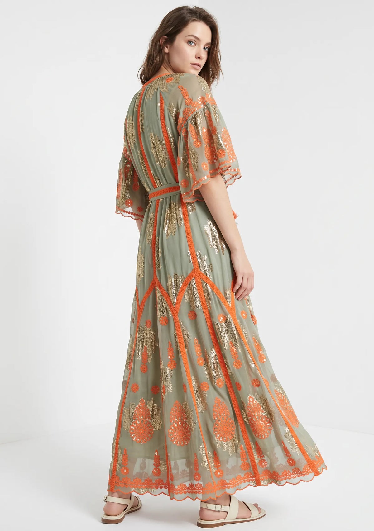 Faiza Long Dress – Embroidered Maxi Dress with Tie Belt | ibBan
