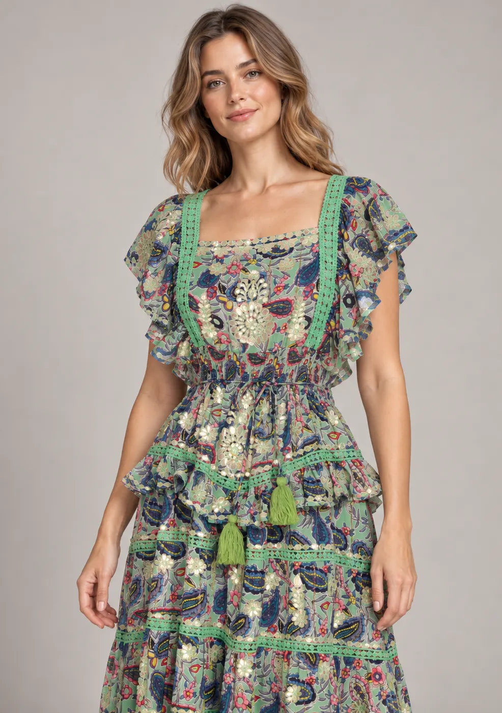 Women’s Cotton Floral Embroidered Tiered long Dress -Nafia