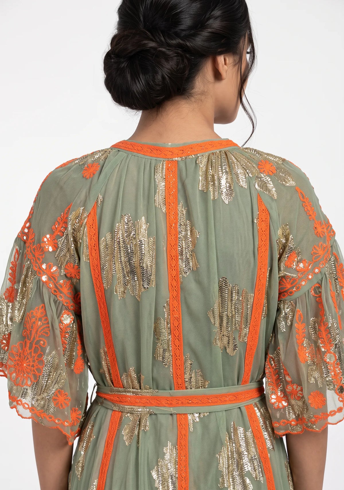 Faiza Long Dress – Embroidered Maxi Dress with Tie Belt | ibBan