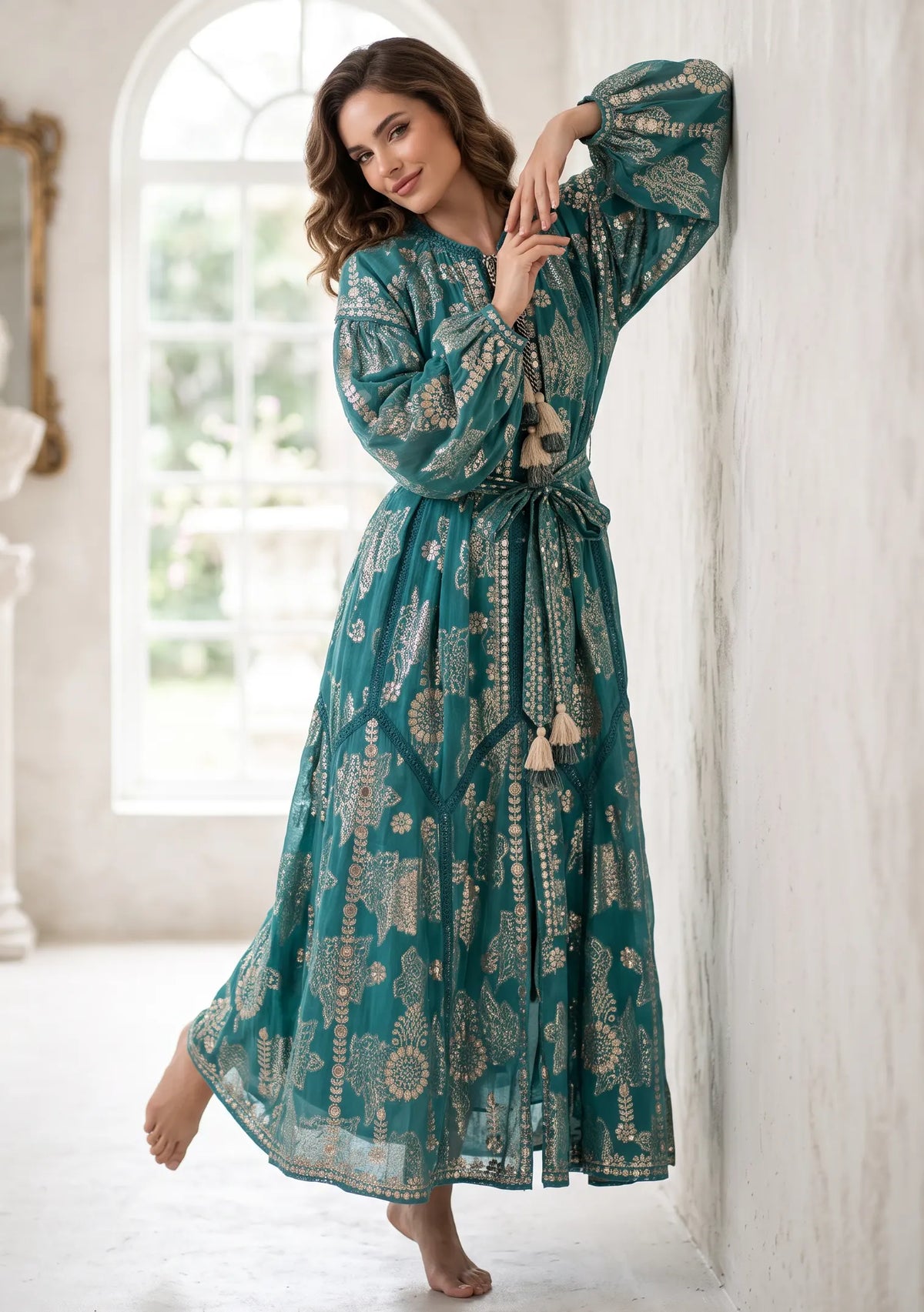 Women’s Printed Cotton Lurex Embroidered Long Dress - Mavi