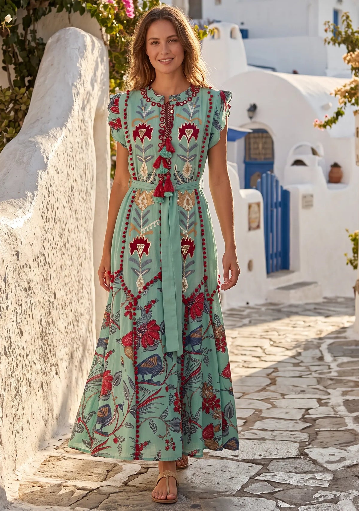 Women’s Printed Cotton Dress with Hand Embroidery - Rasha