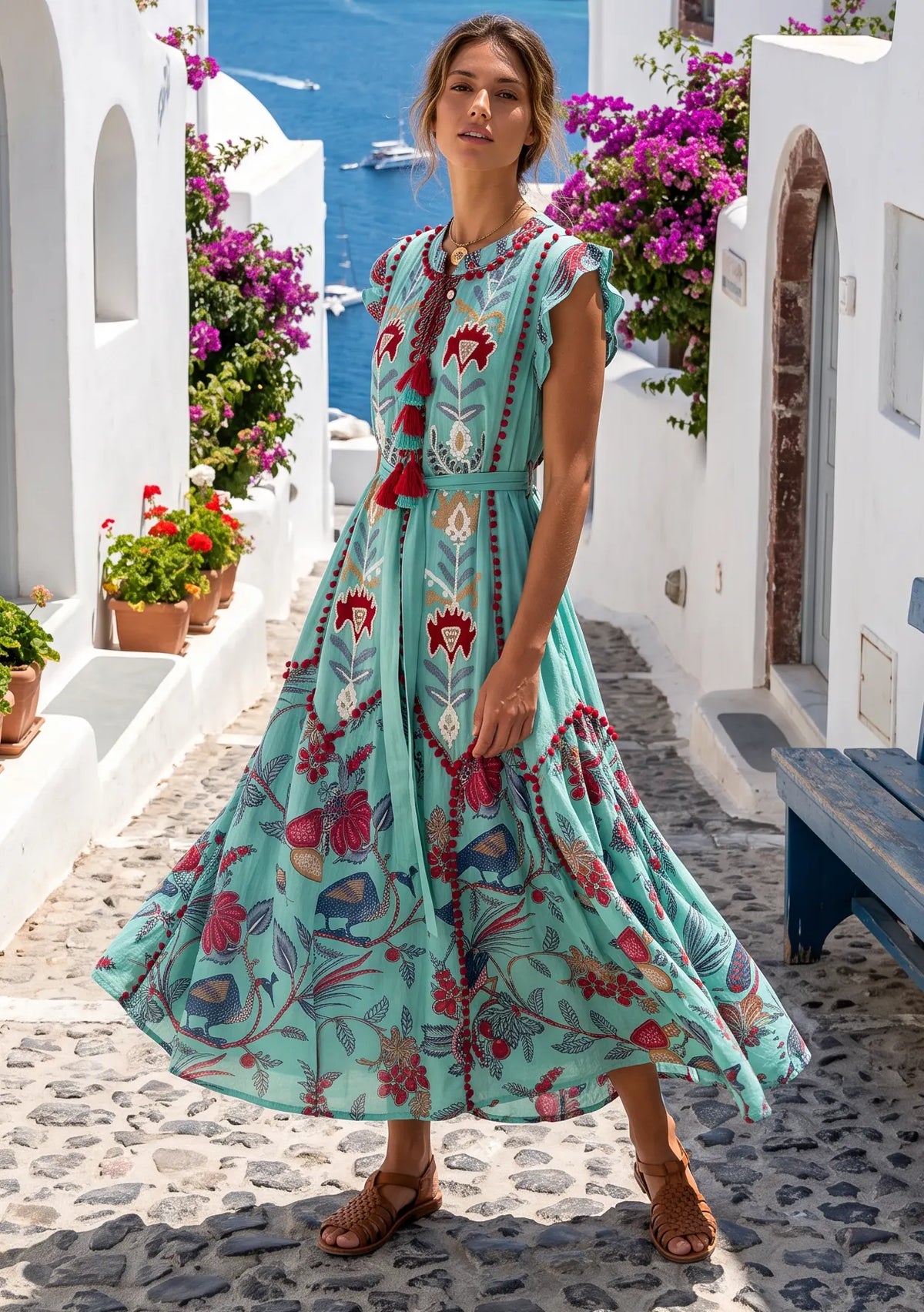 Women’s Printed Cotton Dress with Hand Embroidery - Rasha