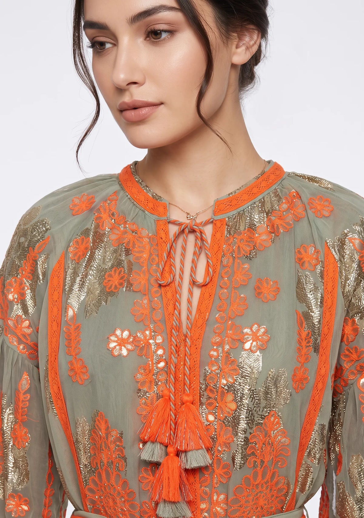 Faiza Long Dress – Embroidered Maxi Dress with Tie Belt | ibBan