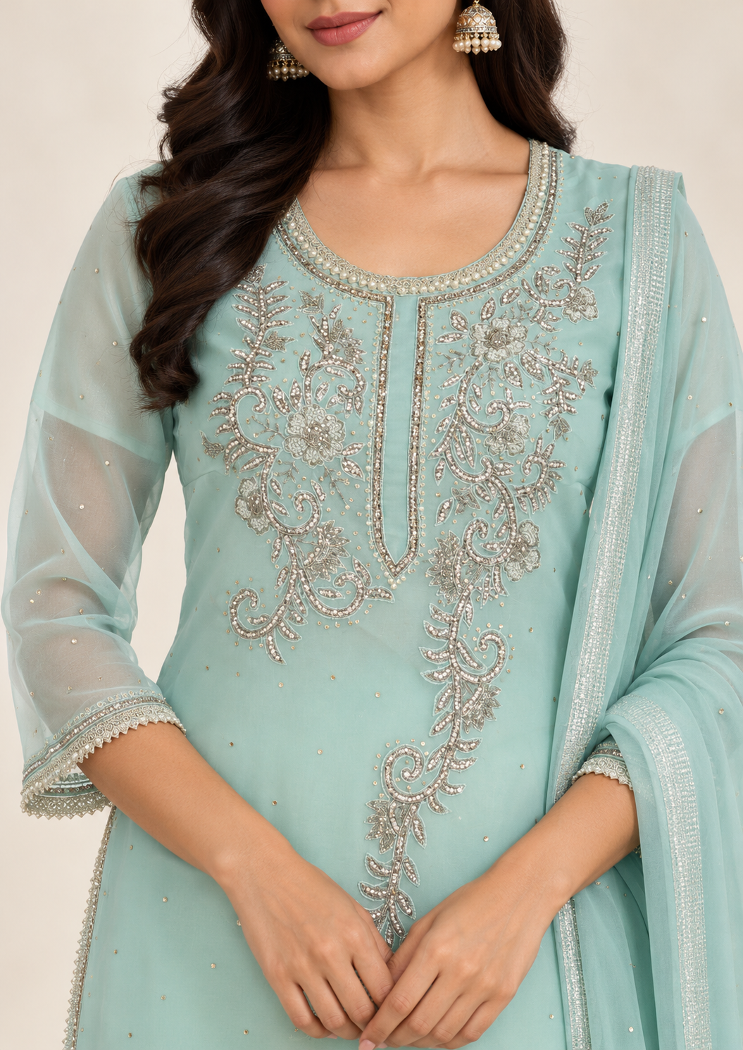 Minsu Aqua Embroidered Kurta Set with Trousers & Dupatta | ibBan