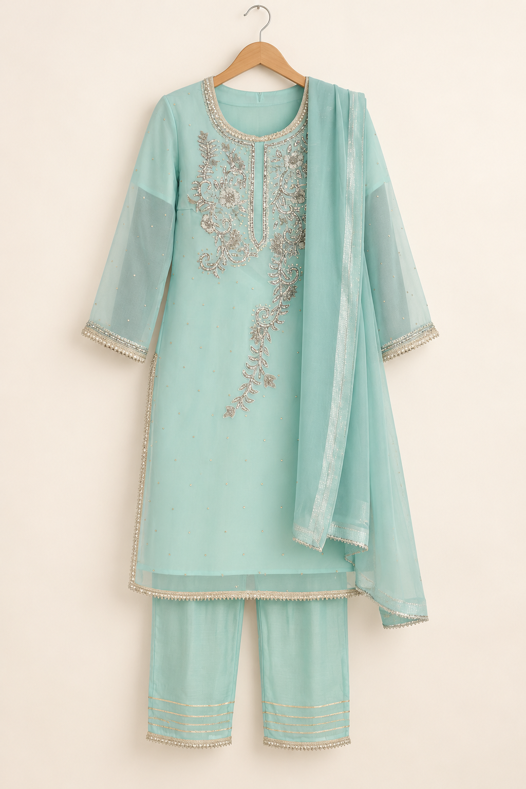 Minsu Aqua Embroidered Kurta Set with Trousers & Dupatta | ibBan