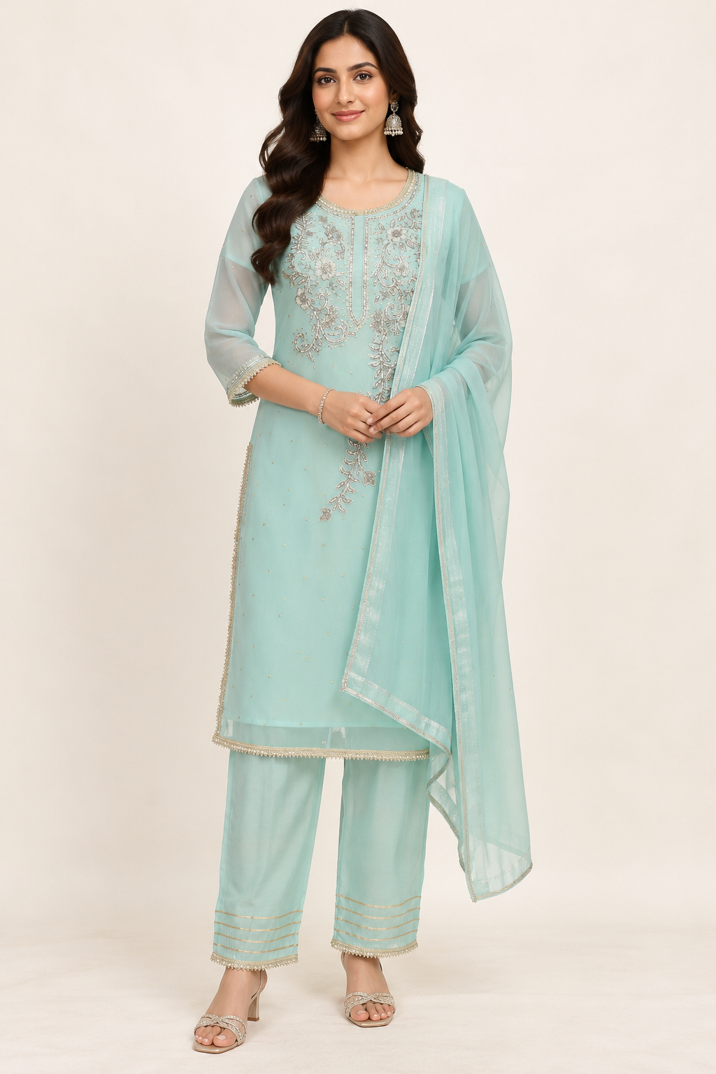 Minsu Aqua Embroidered Kurta Set with Trousers & Dupatta | ibBan
