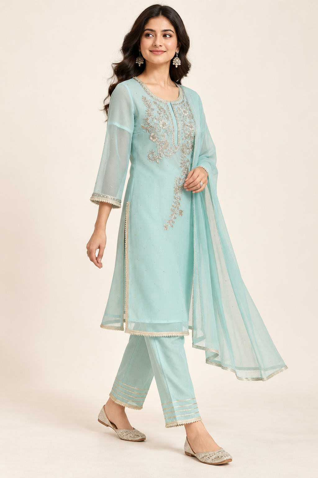 Minsu Aqua Embroidered Kurta Set with Trousers & Dupatta | ibBan