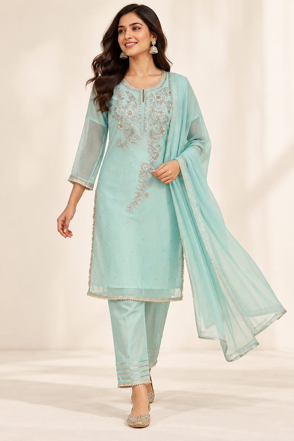 Minsu Aqua Embroidered Kurta Set with Trousers & Dupatta | ibBan