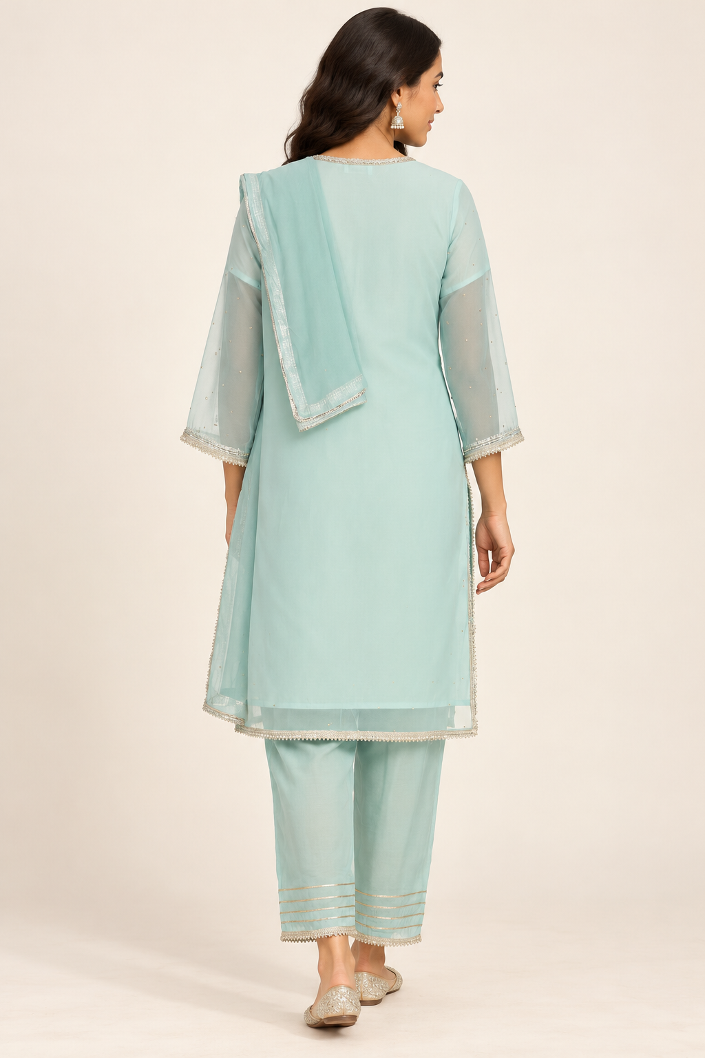 Minsu Aqua Embroidered Kurta Set with Trousers & Dupatta | ibBan