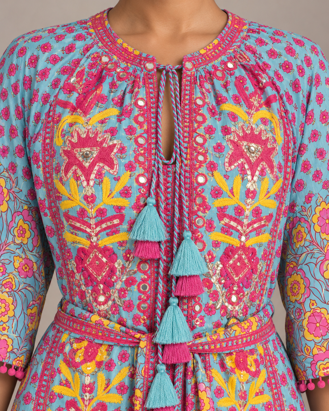 Tiya Floral Embroidered Maxi Dress with Bell Sleeves | ibBan