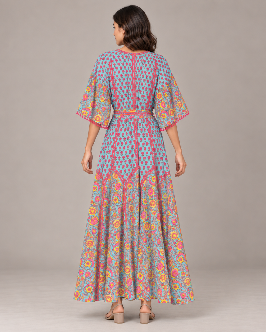 Tiya Floral Embroidered Maxi Dress with Bell Sleeves | ibBan