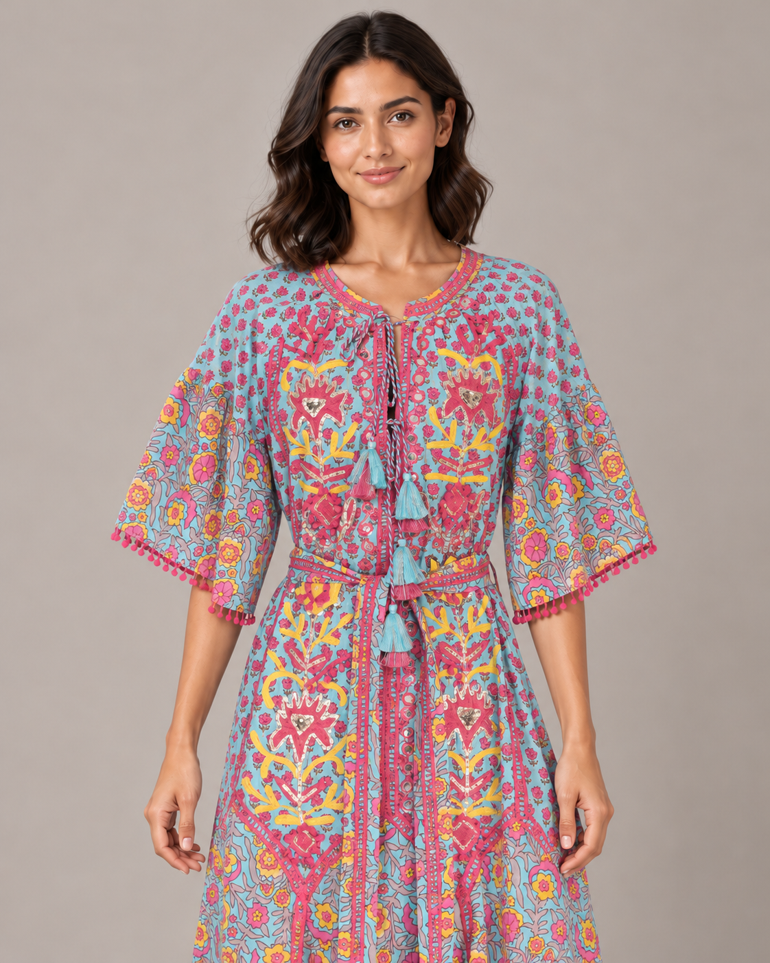 Tiya Floral Embroidered Maxi Dress with Bell Sleeves | ibBan