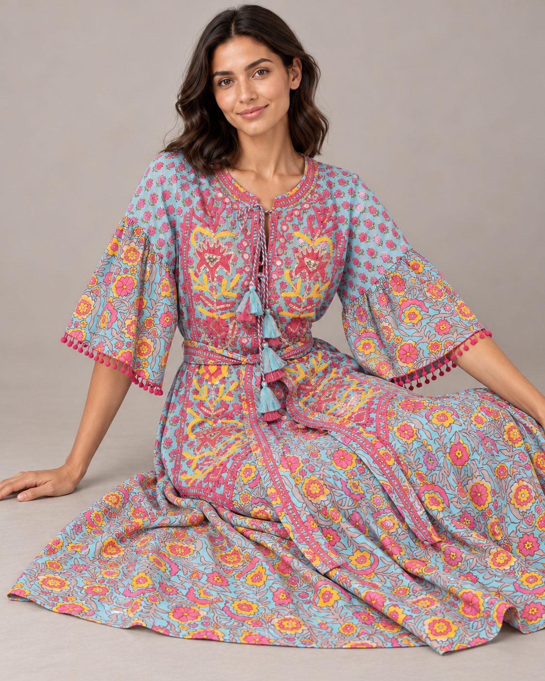 Tiya Floral Embroidered Maxi Dress with Bell Sleeves | ibBan