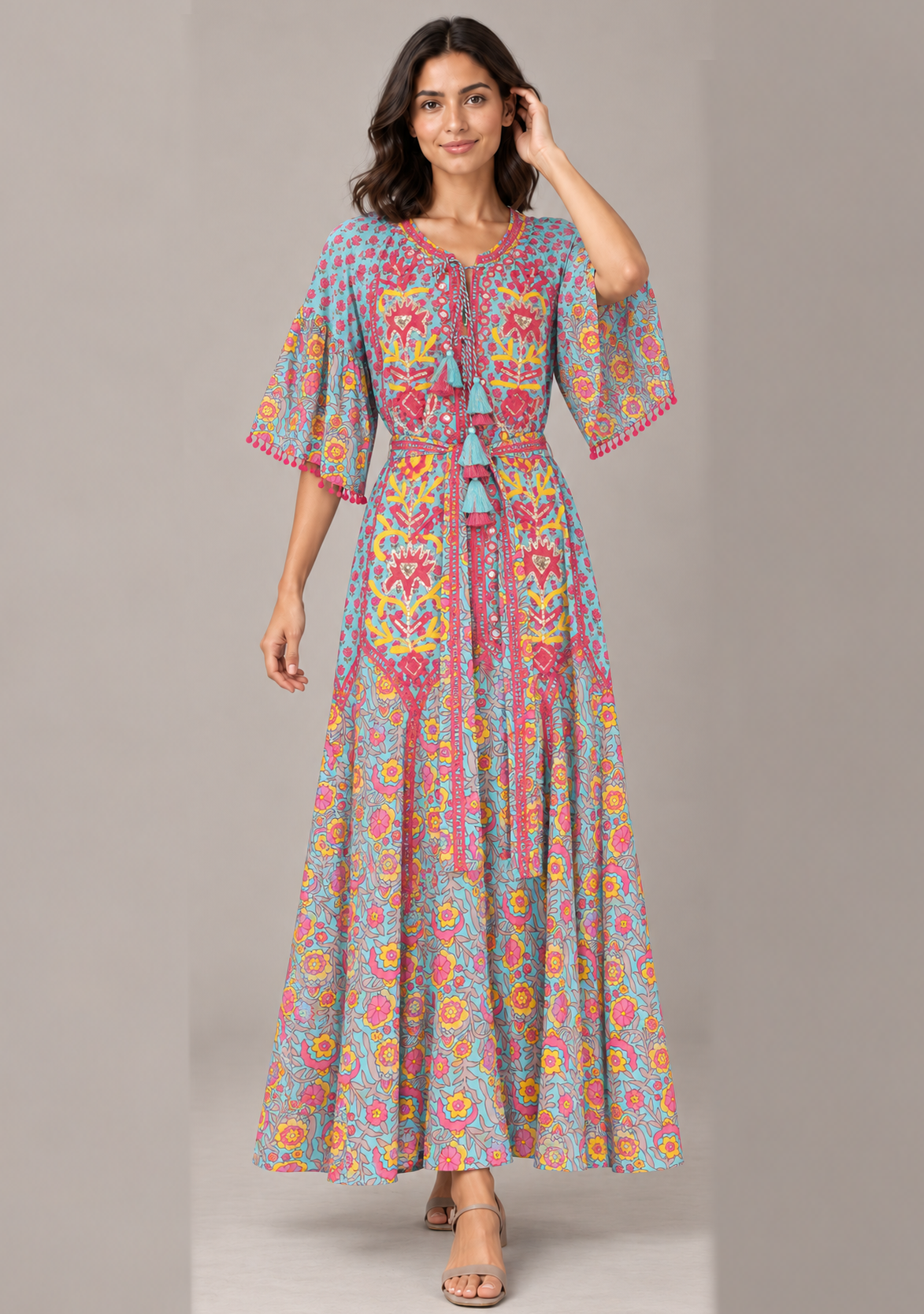 Tiya Floral Embroidered Maxi Dress with Bell Sleeves | ibBan