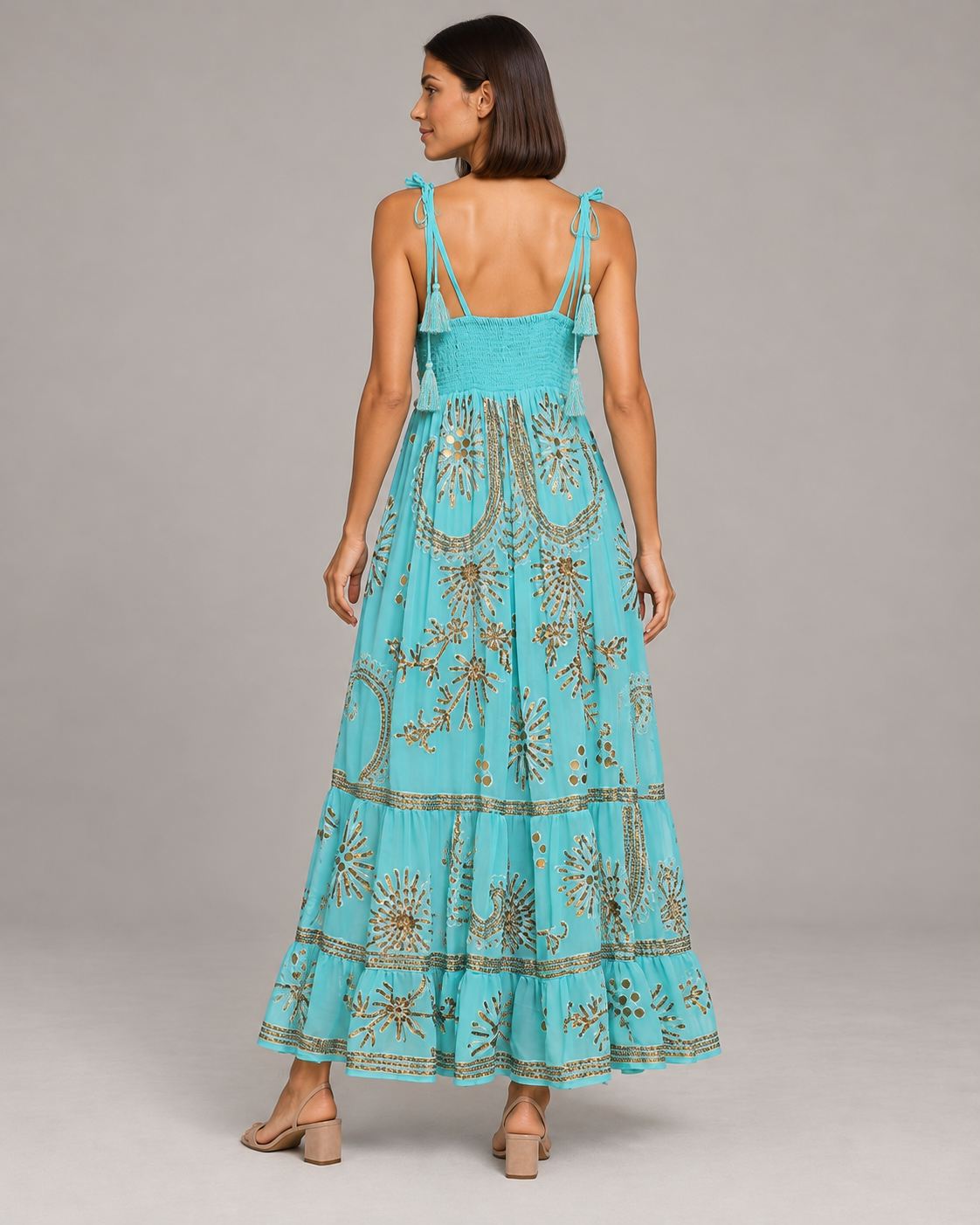 Yara Aqua Strap Dress with Crochet Bodice & Gold Details | ibBan