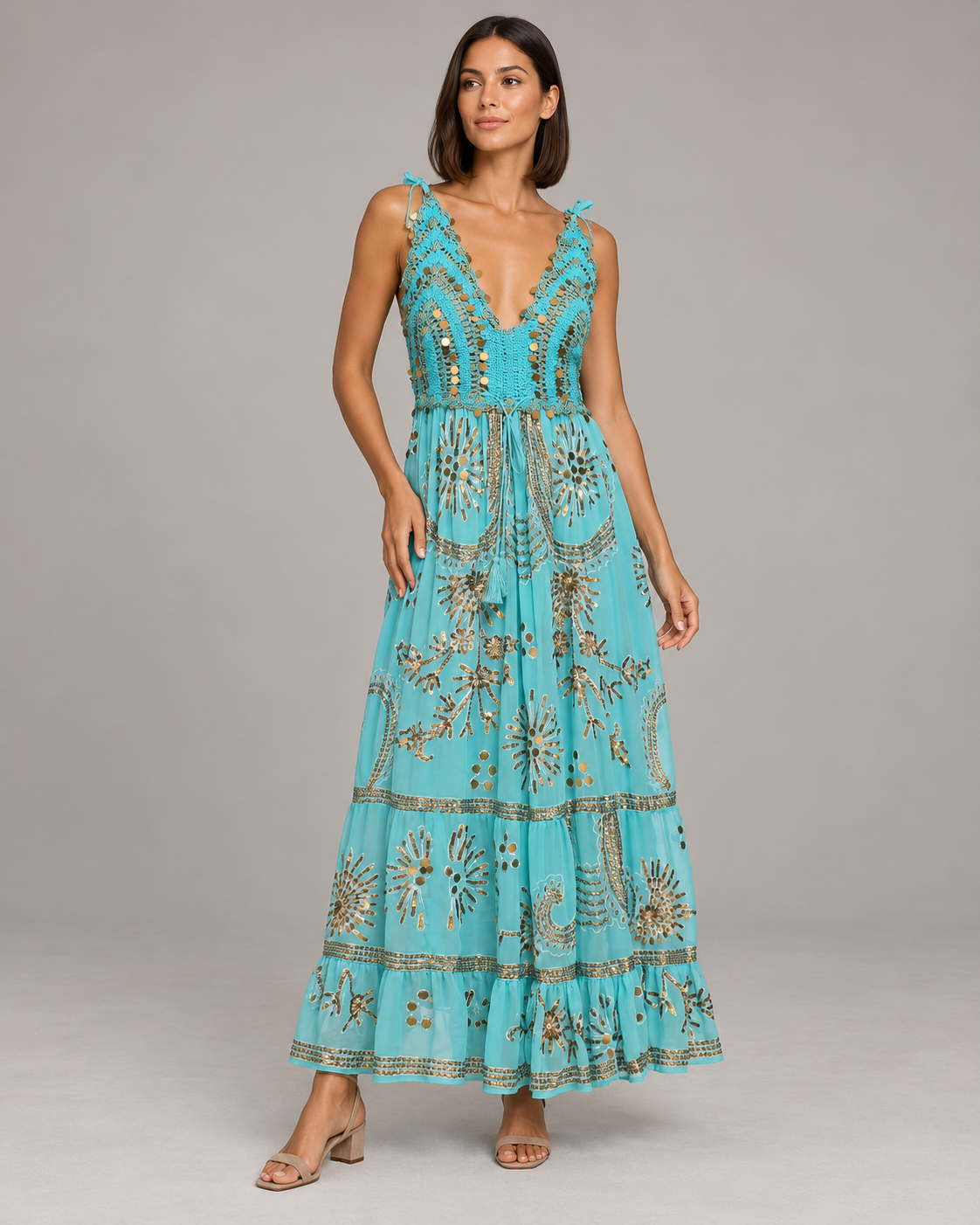 Yara Aqua Strap Dress with Crochet Bodice & Gold Details | ibBan