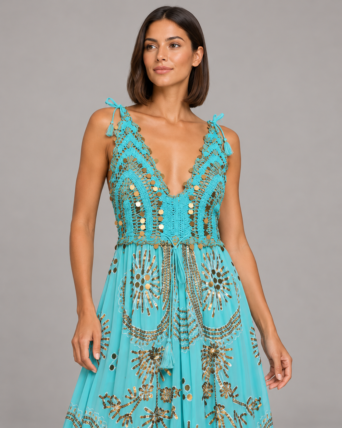 Yara Aqua Strap Dress with Crochet Bodice & Gold Details | ibBan