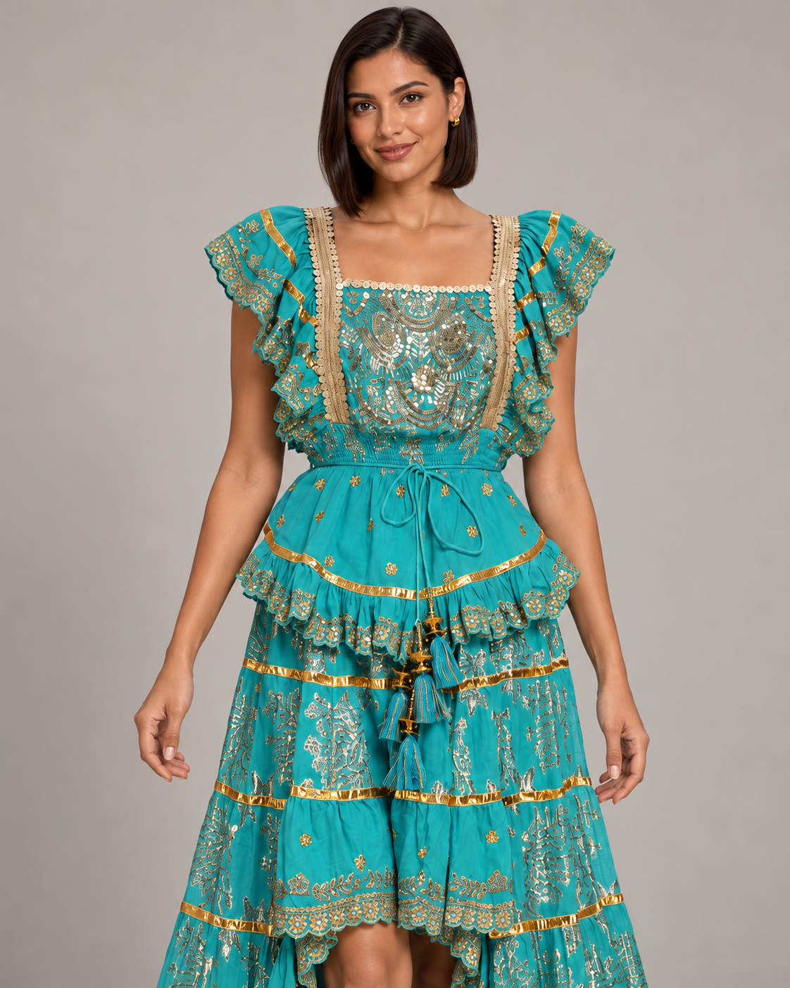 Lurex Skirt Blouse Set with Metallic Embroidery & Ruffles | ibBan