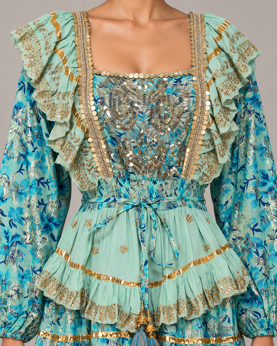 Gulab Long Dress with Square Neck & Floral Embroidery | ibBan