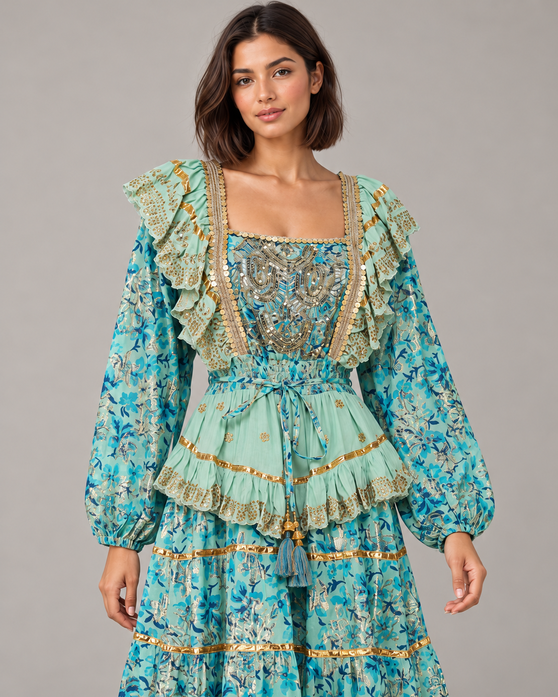 Lurex Long Dress with Metallic Embroidery | ibBan