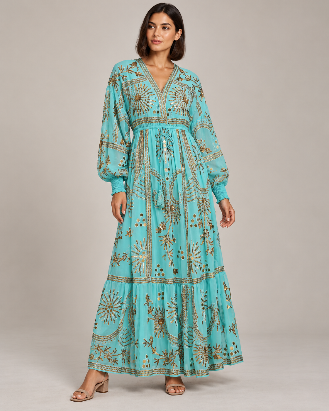 Yara Long Dress in Dusty Rose with Gold Embellishments | ibBan