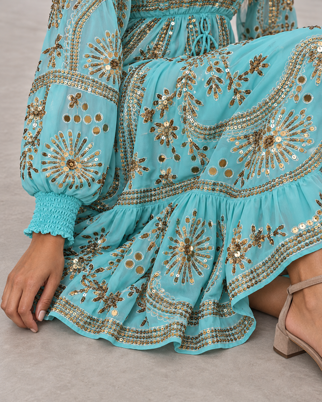 Yara Long Dress in Dusty Rose with Gold Embellishments | ibBan