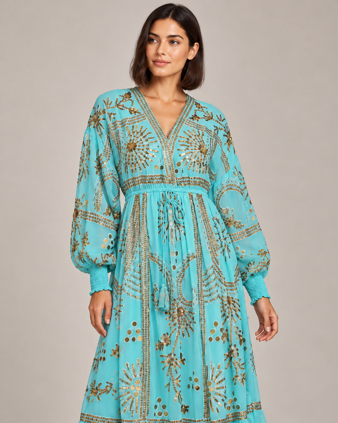 Yara Long Dress in Dusty Rose with Gold Embellishments | ibBan