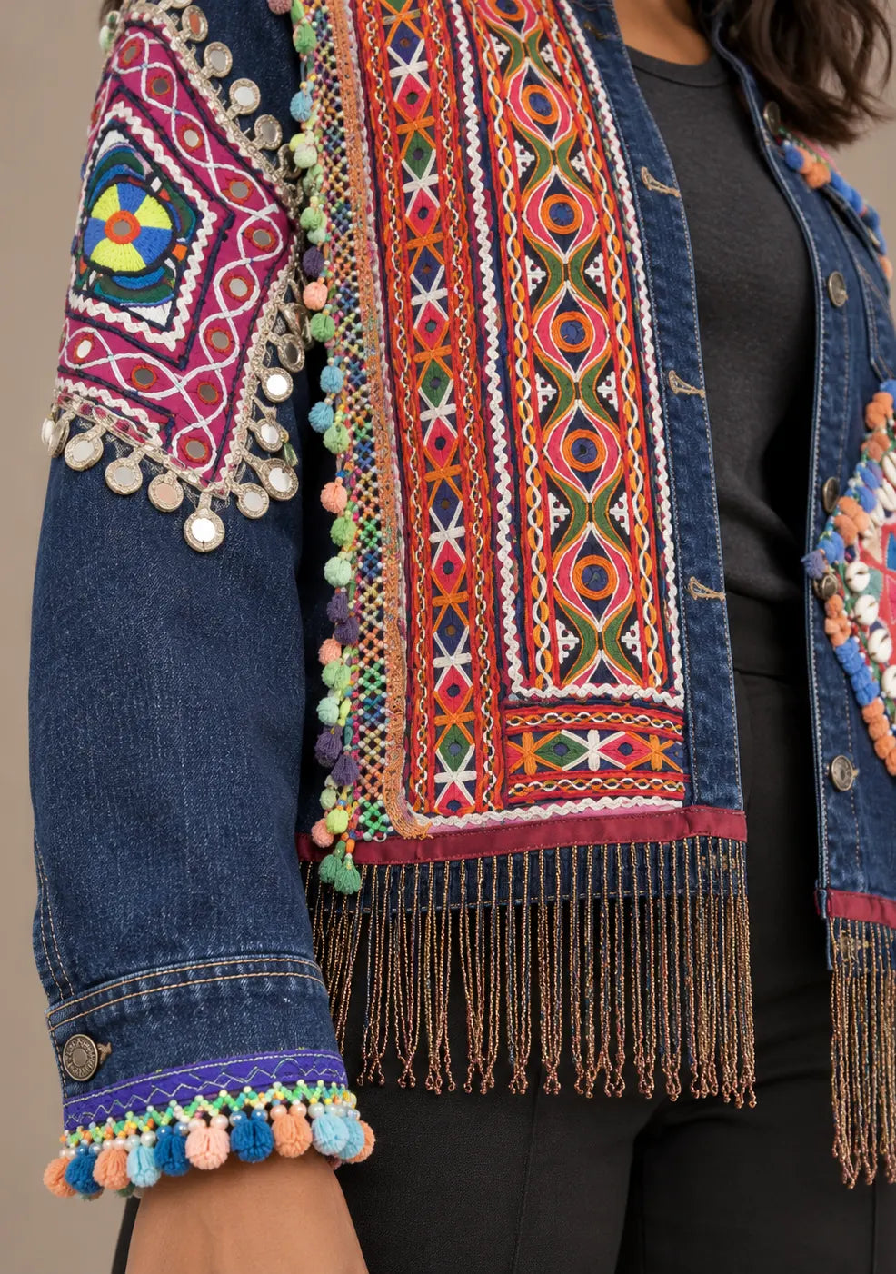 Women’s Banjara Embroidered Denim Jacket with Fringe - Reena