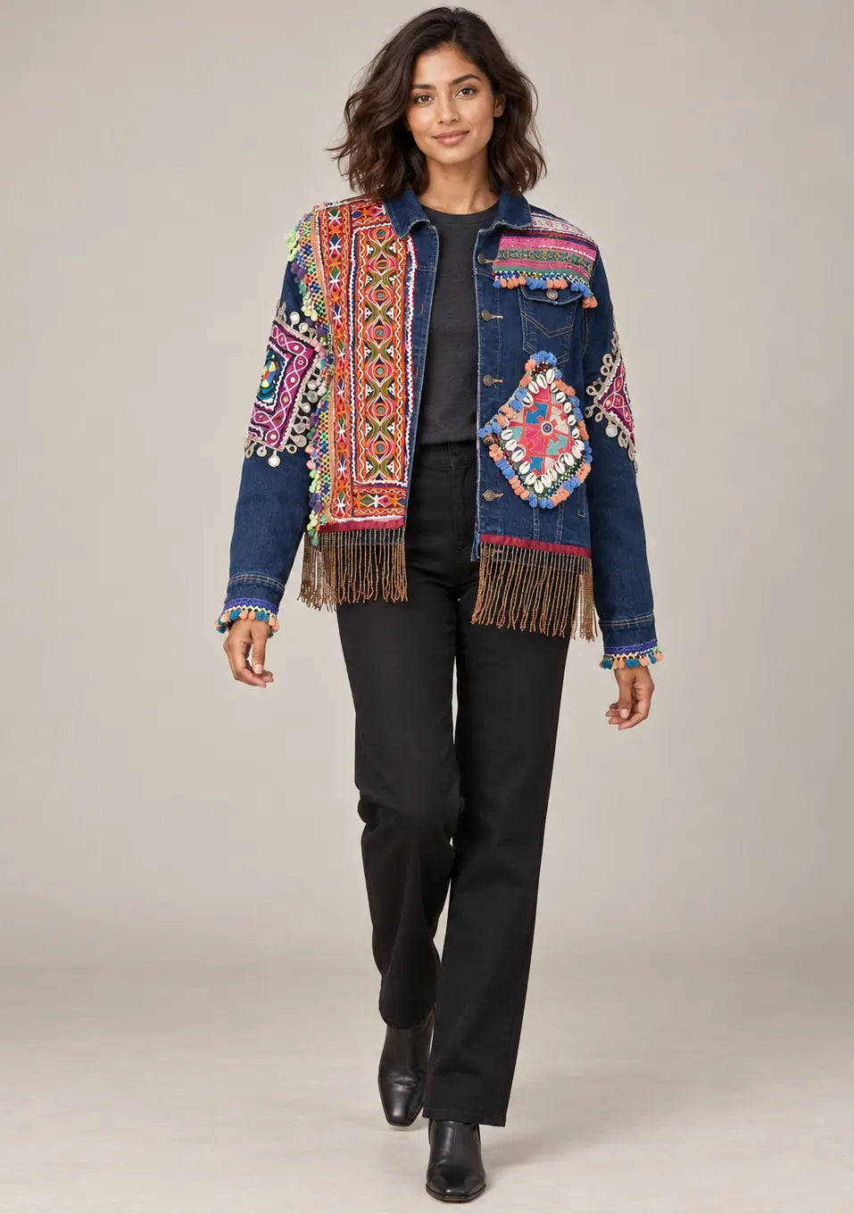 Women’s Banjara Embroidered Denim Jacket with Fringe - Reena