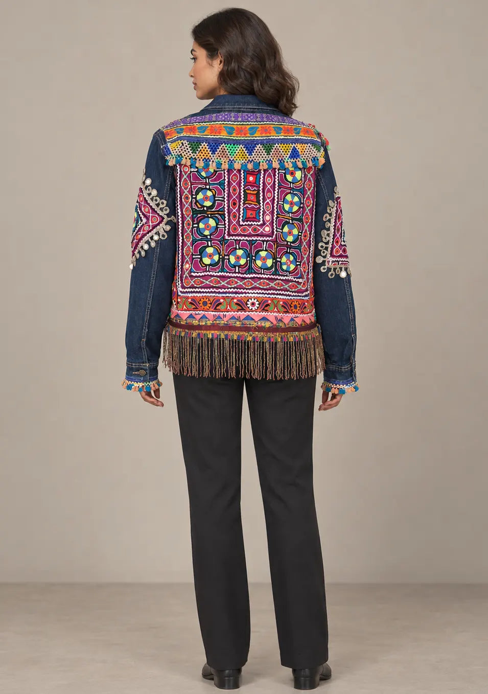 Women’s Banjara Embroidered Denim Jacket with Fringe - Reena