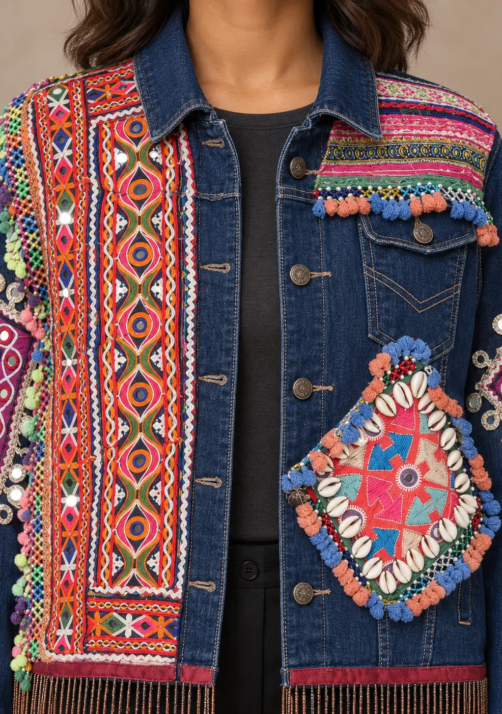 Women’s Banjara Embroidered Denim Jacket with Fringe - Reena
