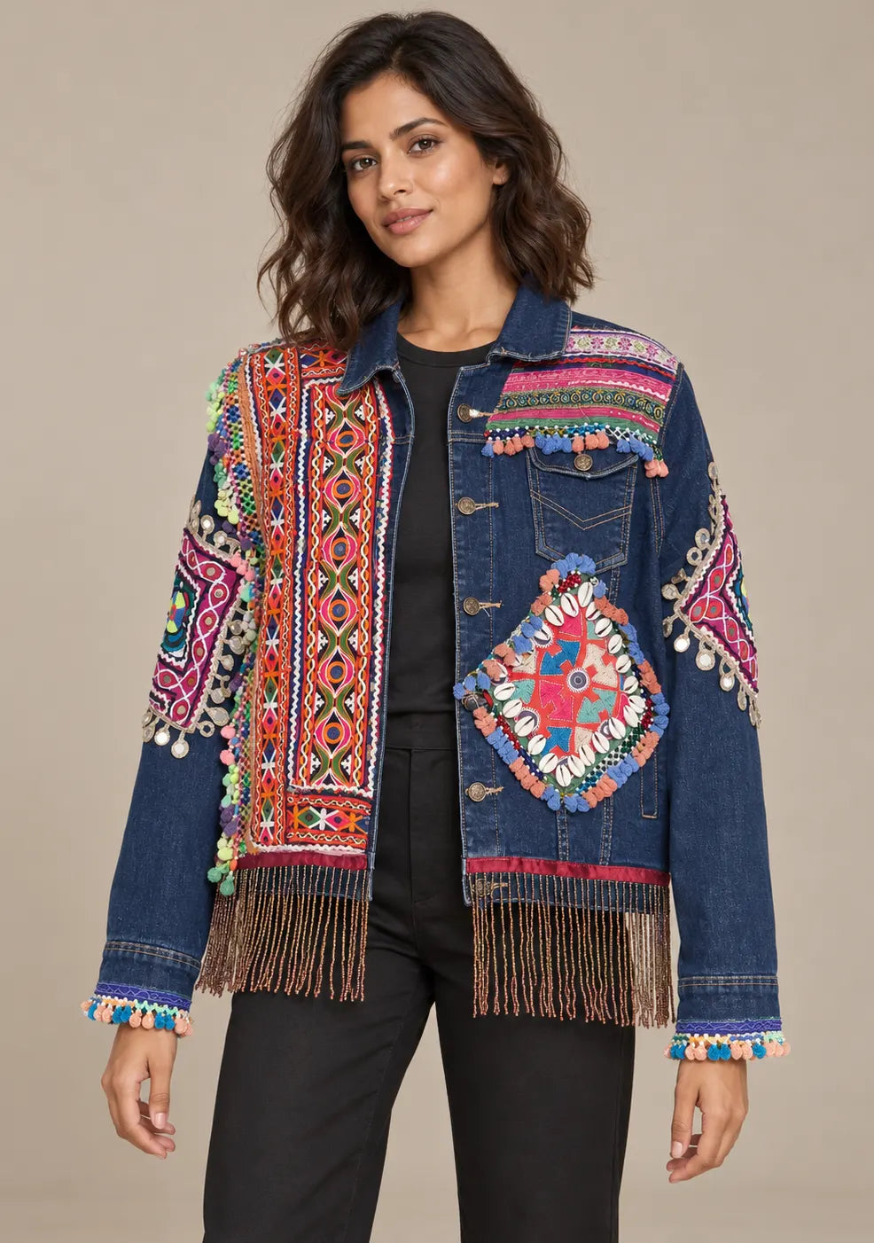 Women’s Banjara Embroidered Denim Jacket with Fringe - Reena