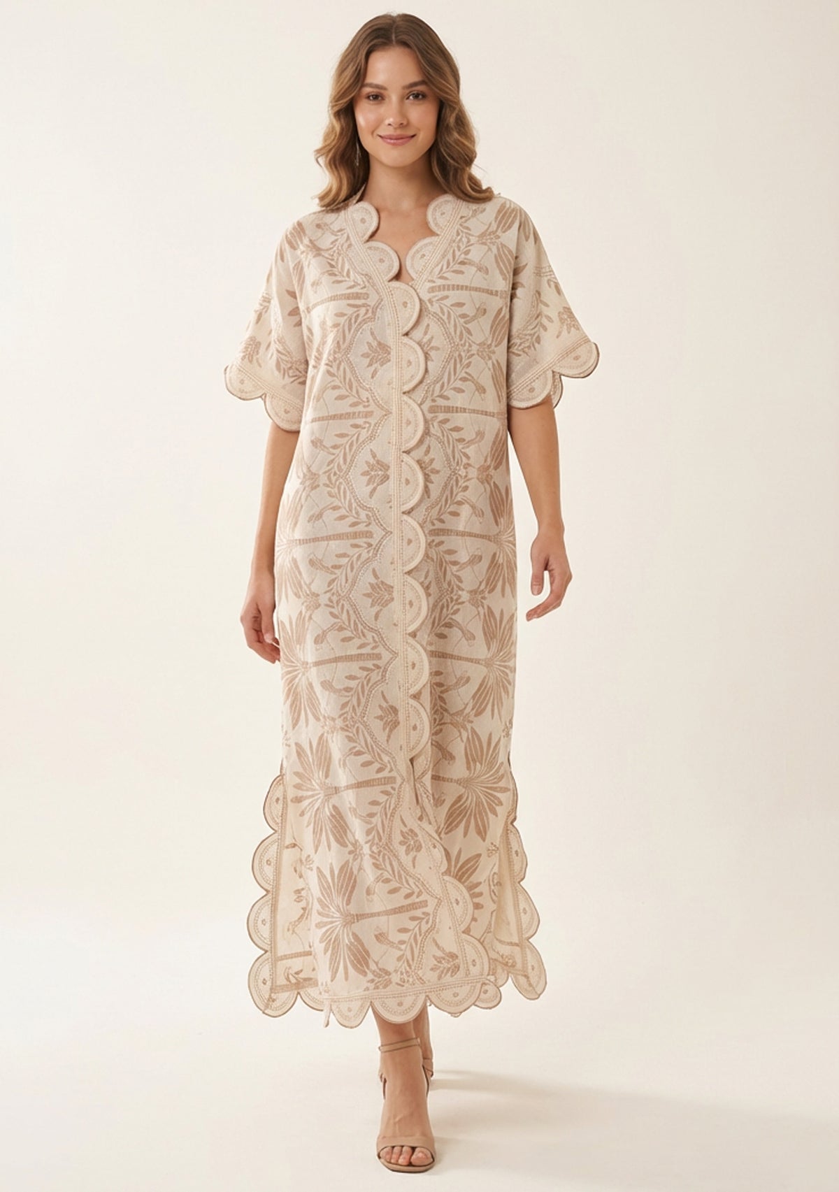 Rifat Beige Botanical Kaftan Dress with Scalloped Edges | ibBan