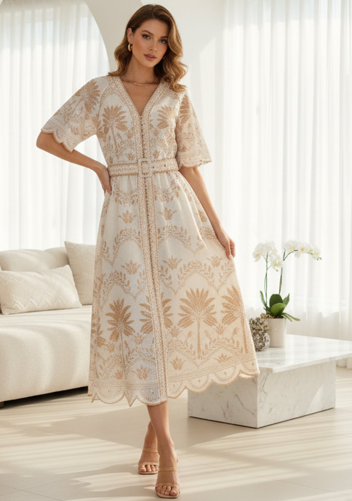 Rifat Long Dress – Beige Botanical Belted Dress | ibBan