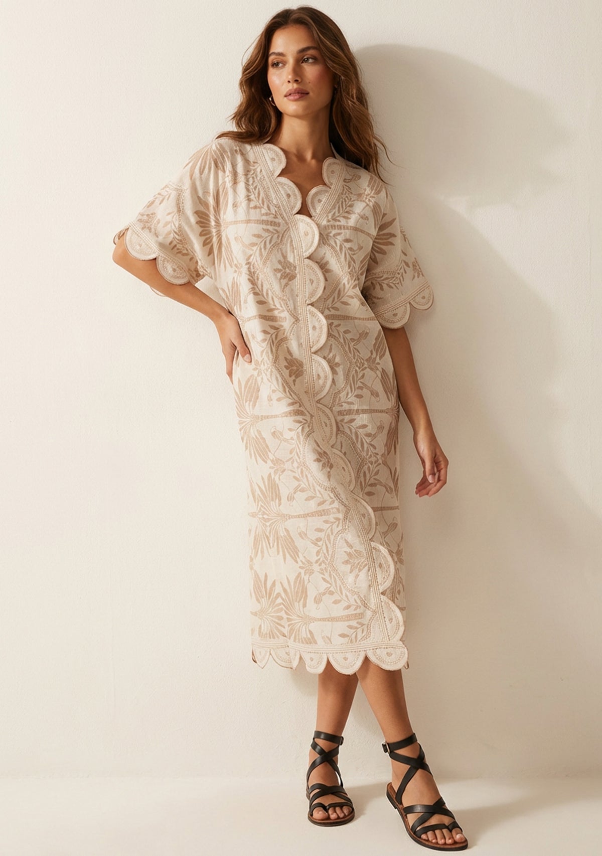 Rifat Beige Botanical Kaftan Dress with Scalloped Edges | ibBan