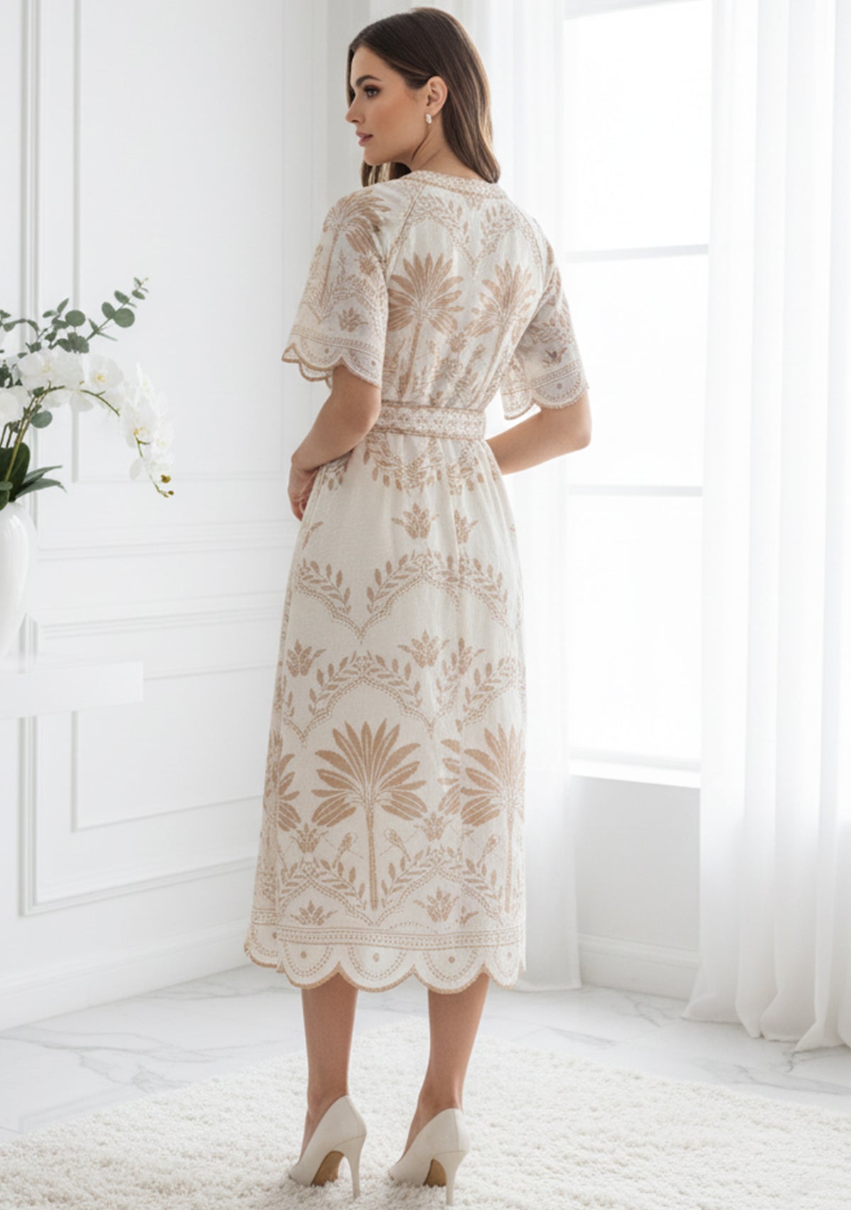 Rifat Long Dress – Beige Botanical Belted Dress | ibBan