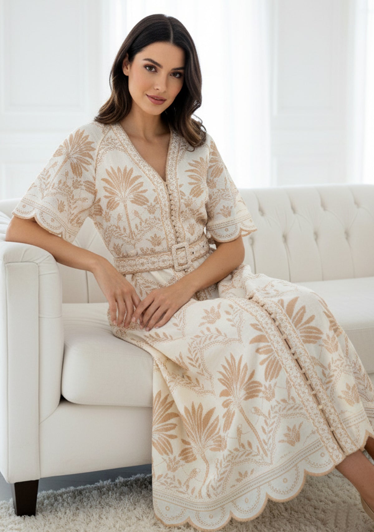 Rifat Long Dress – Beige Botanical Belted Dress | ibBan