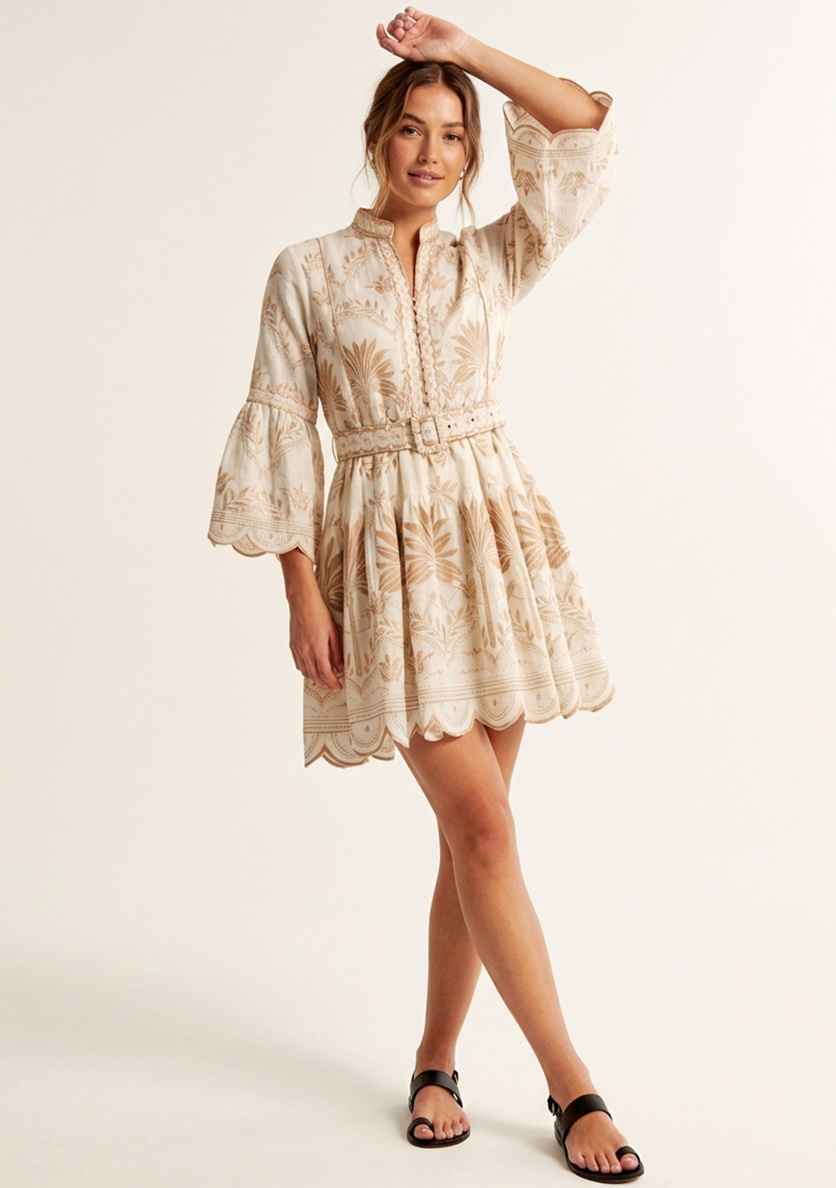 Rifat Short Tunic – Coral Botanical Print & Bell Sleeves | ibBan