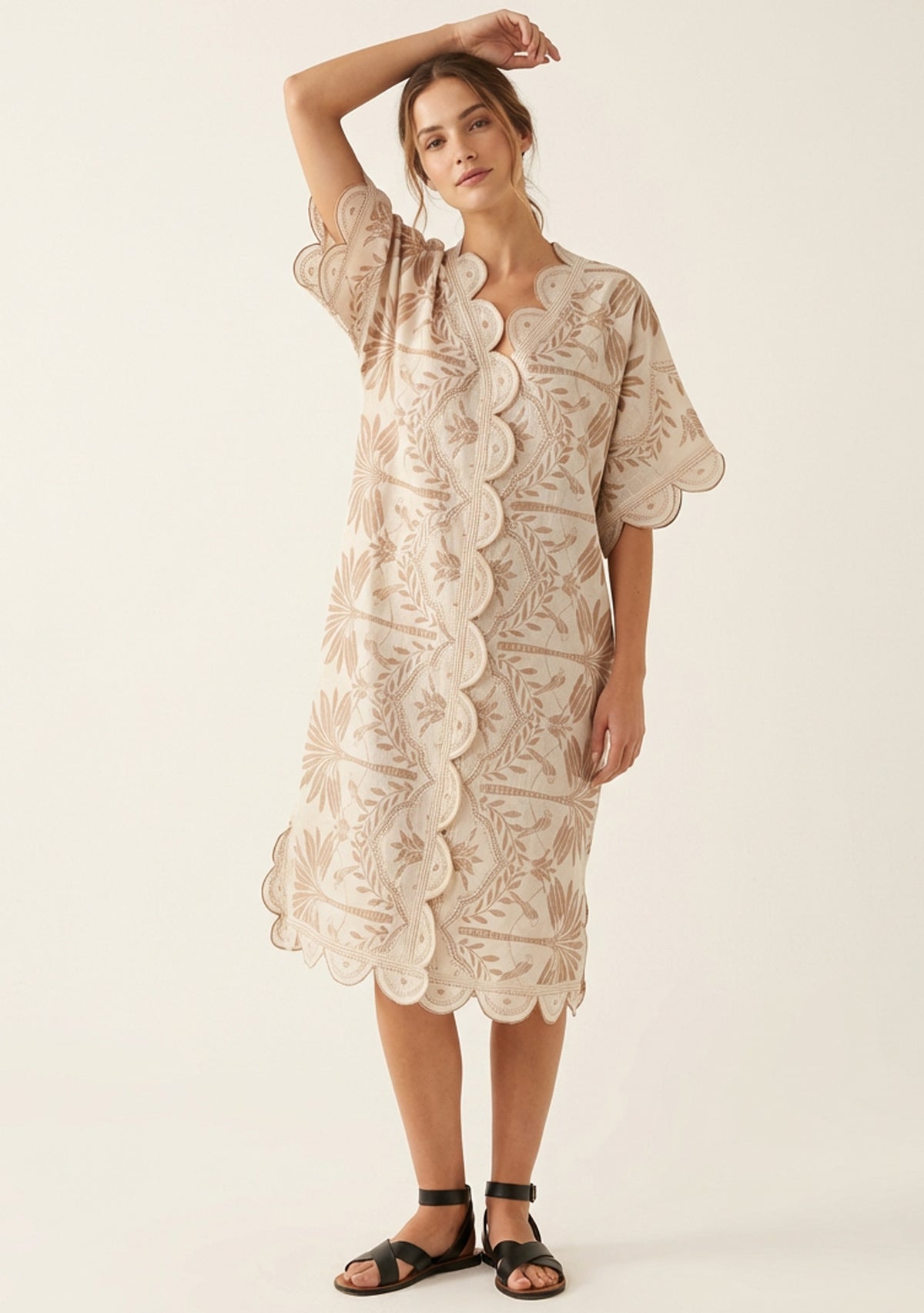 Rifat Beige Botanical Kaftan Dress with Scalloped Edges | ibBan