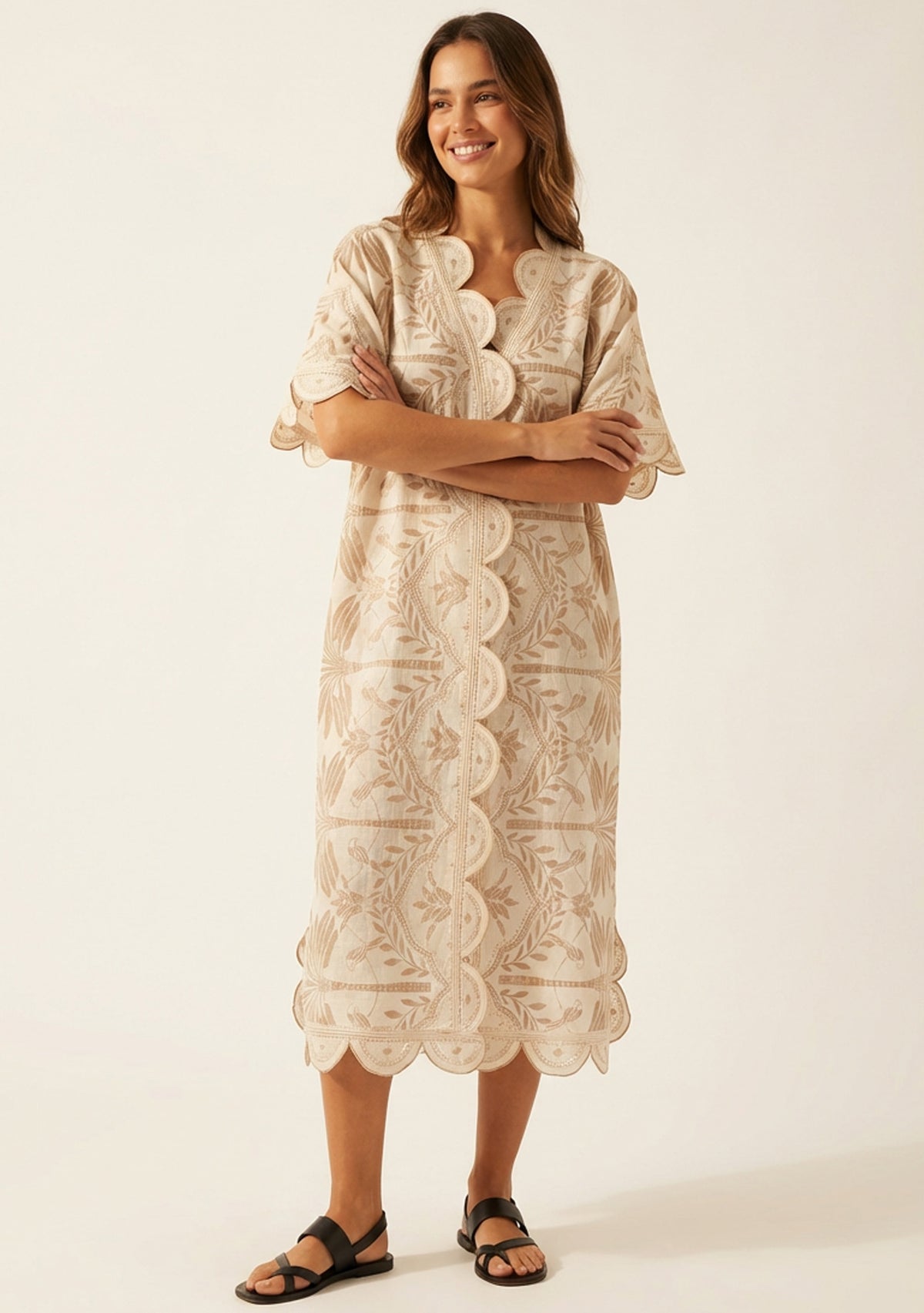 Rifat Beige Botanical Kaftan Dress with Scalloped Edges | ibBan