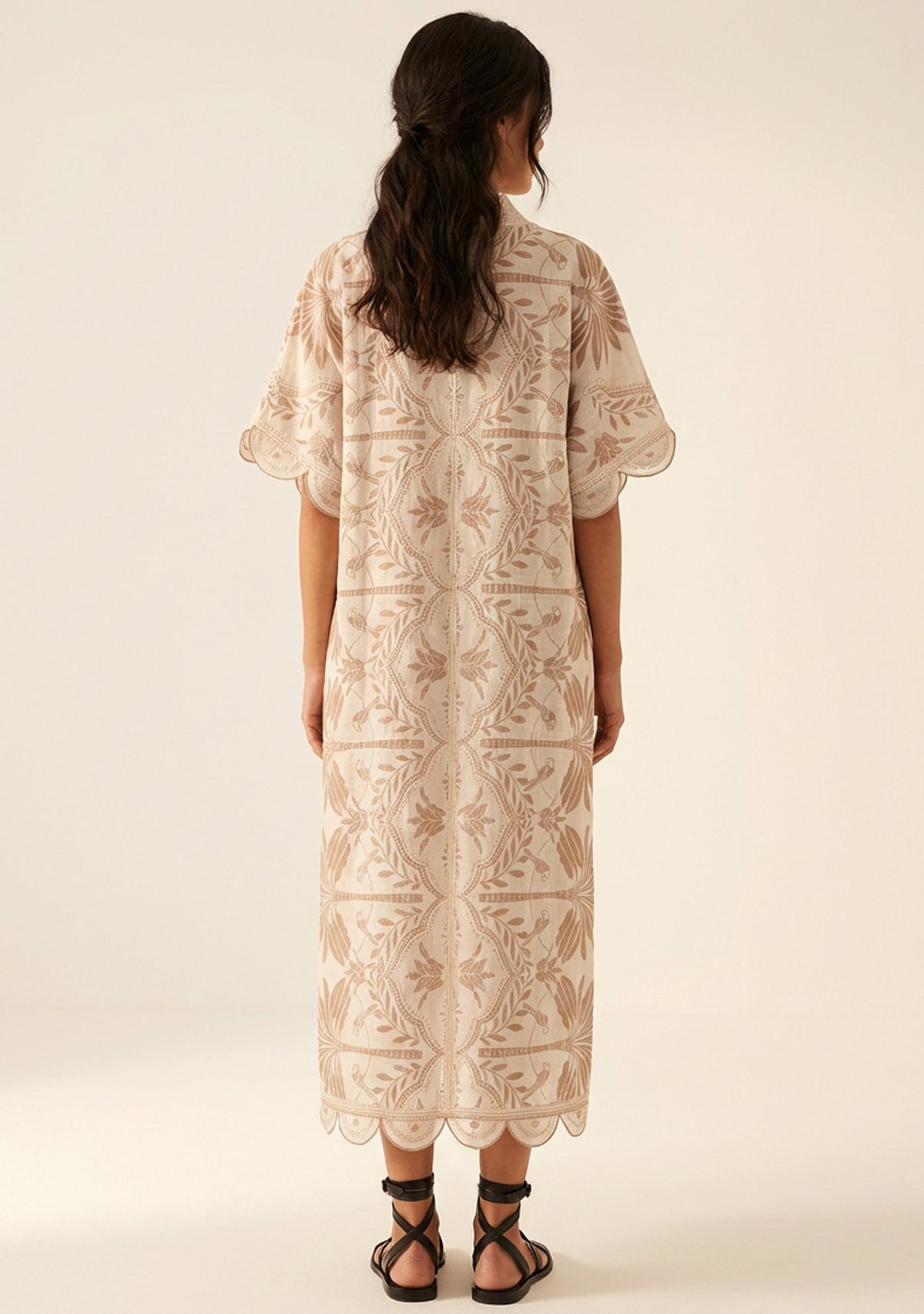 Rifat Beige Botanical Kaftan Dress with Scalloped Edges | ibBan