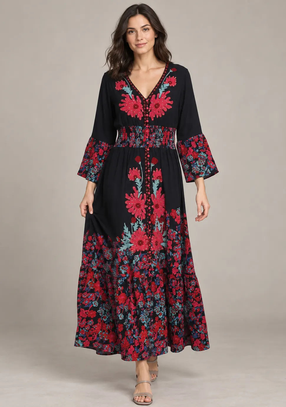 Women’s Cotton Jersey Floral Maxi Dress with Hand Embroidery - Fazli