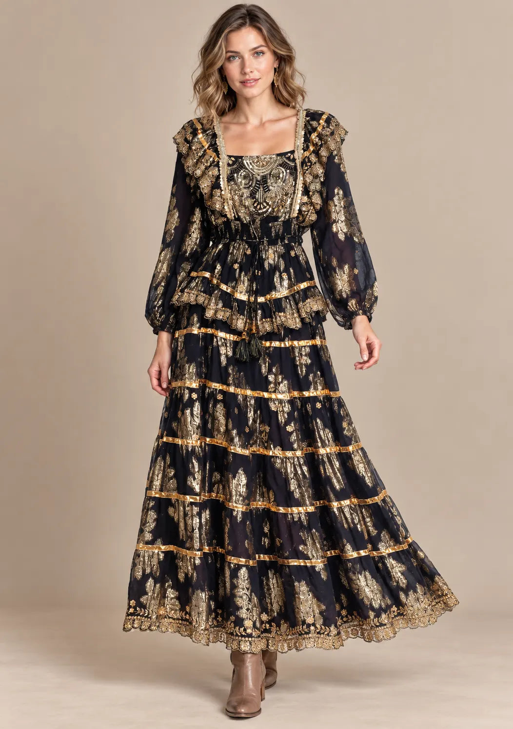 Ibban Women's Cotton Lurex Chari Long Maxi Dress with Gold Embroidery