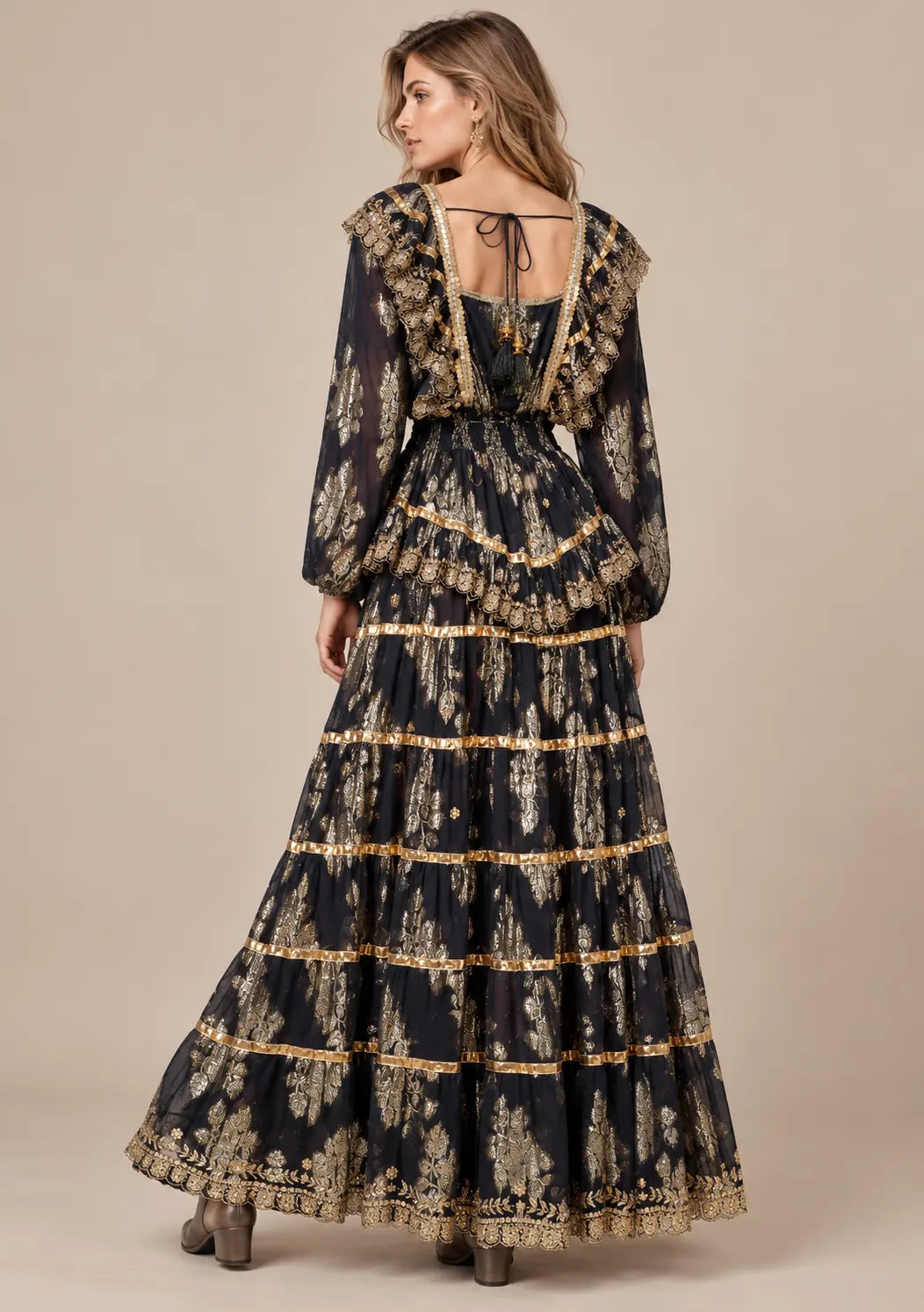 Ibban Women's Cotton Lurex Chari Long Maxi Dress with Gold Embroidery