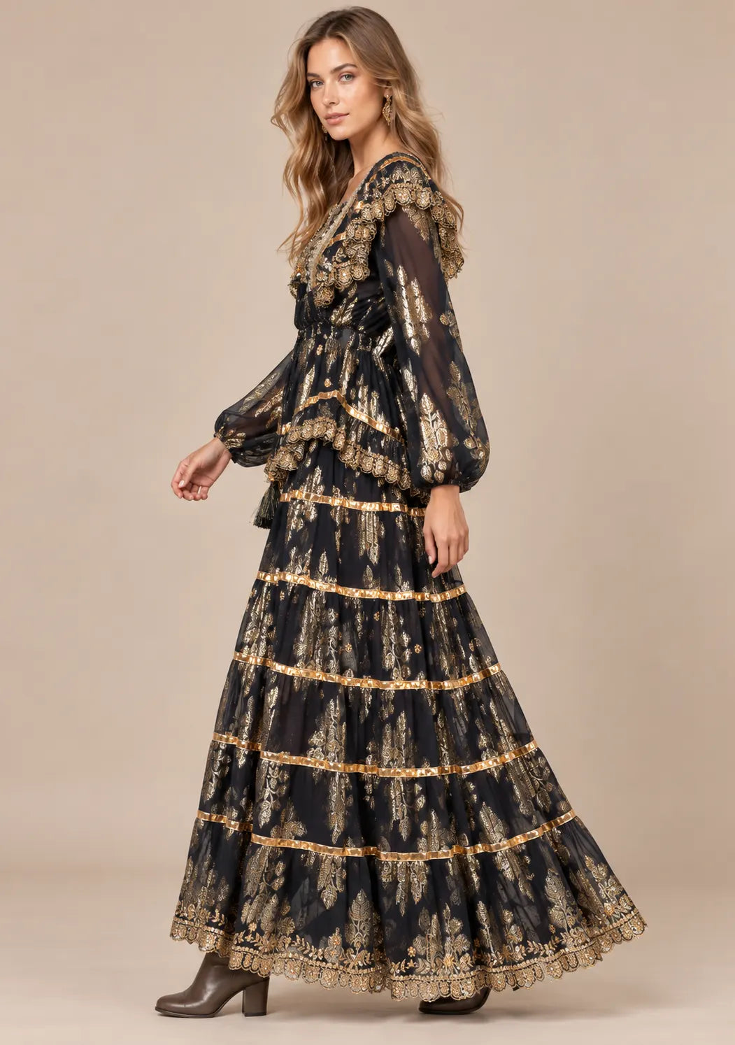 Ibban Women's Cotton Lurex Chari Long Maxi Dress with Gold Embroidery