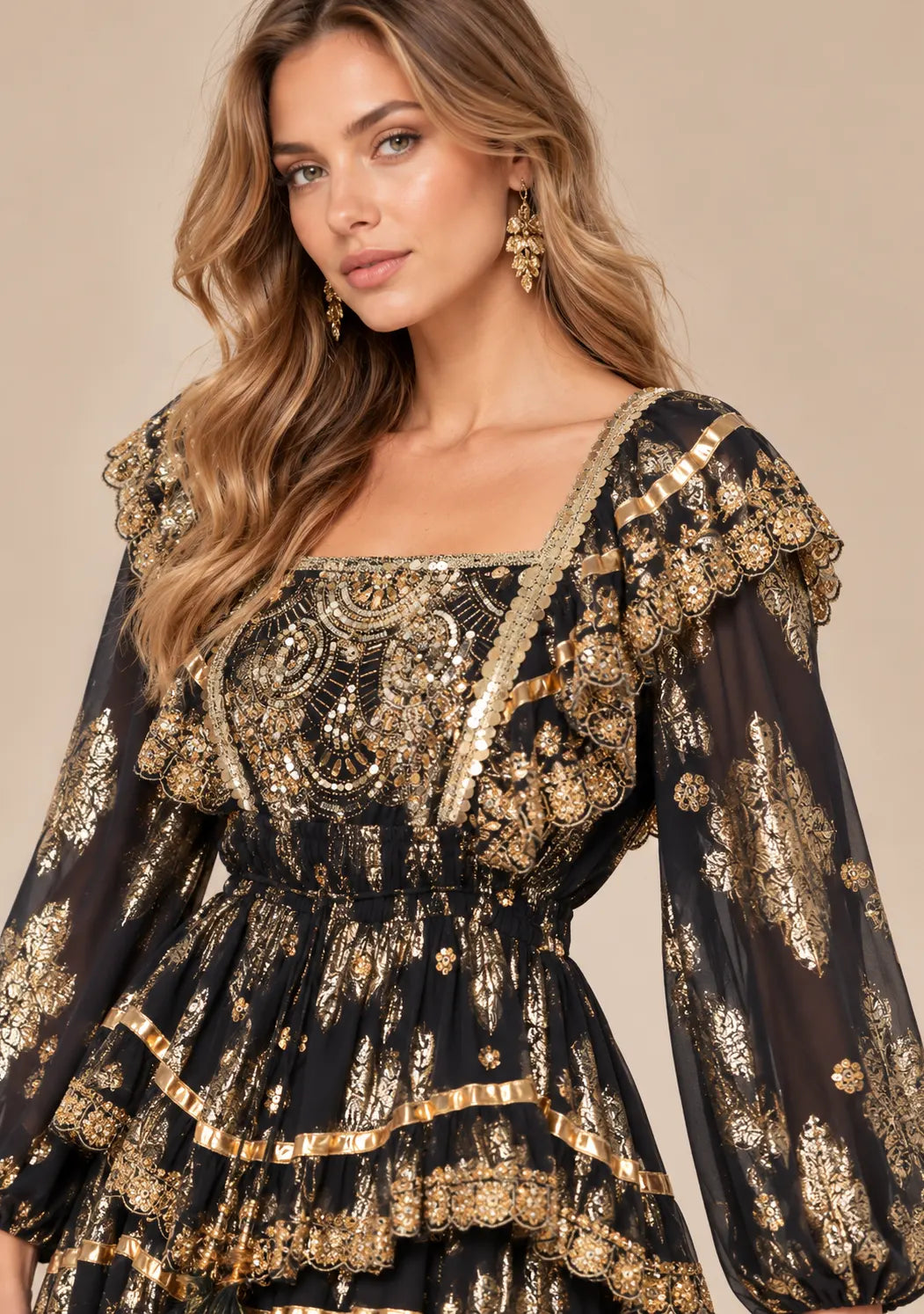 Ibban Women's Cotton Lurex Chari Long Maxi Dress with Gold Embroidery